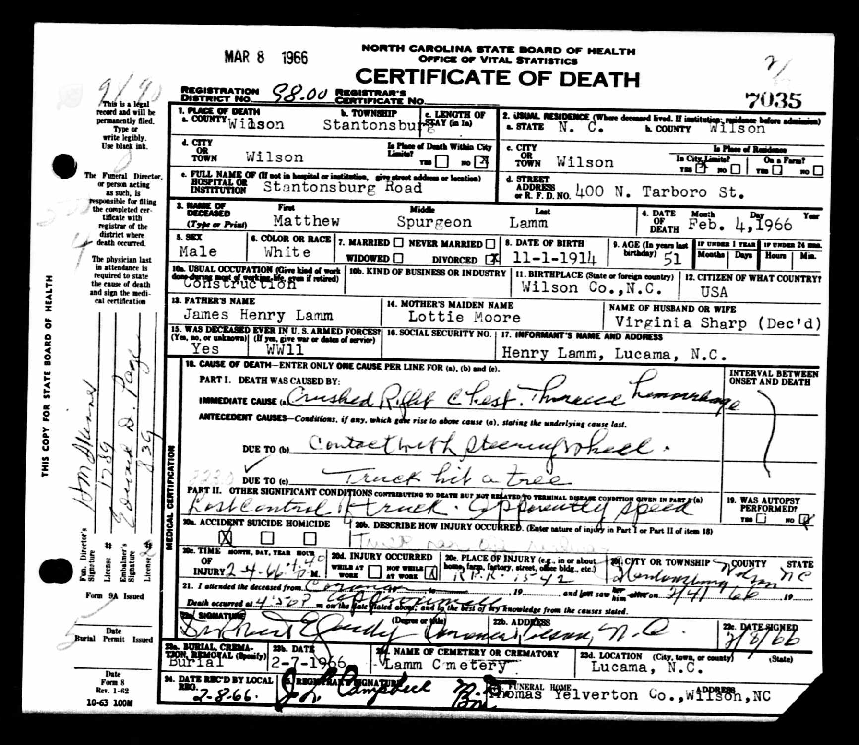 1966 death certificate for Matthew Spurgeon Lamm