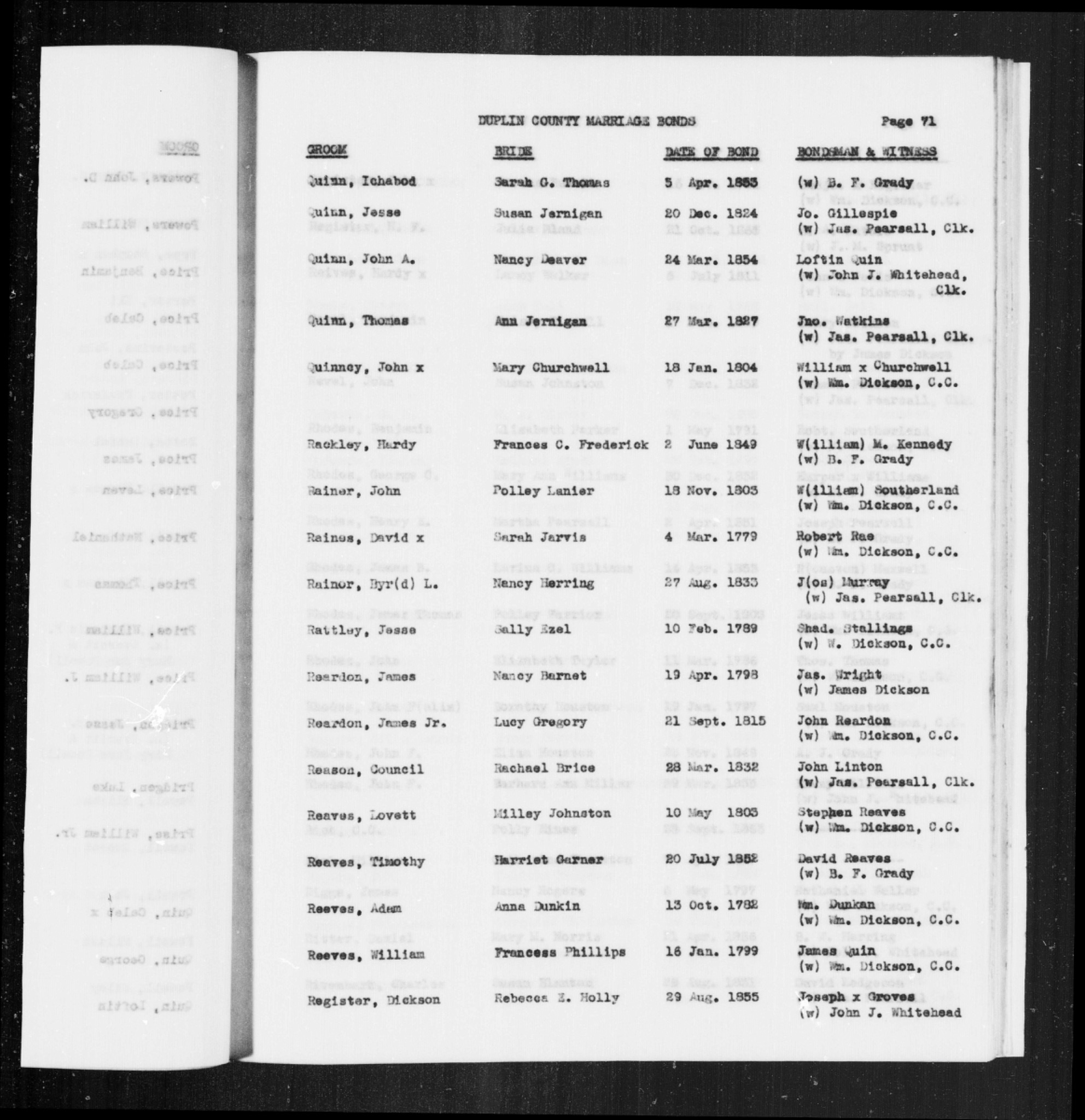 1824 Jesse Quinn and Susan Jernigan marriage license