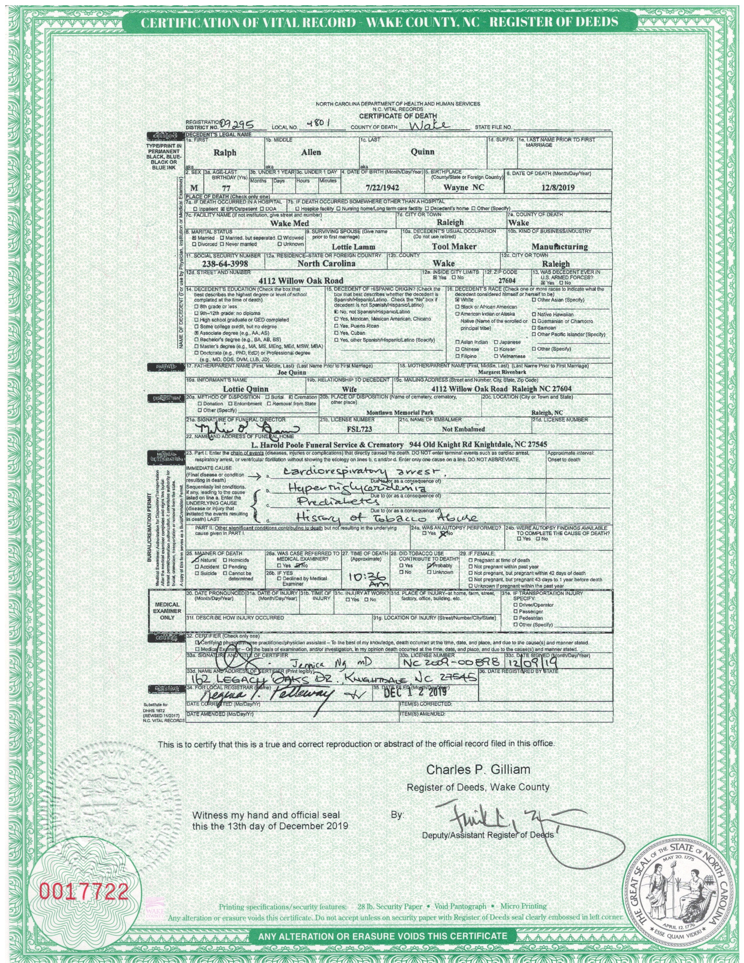 2019 — Ralph Allen Quinn death certificate